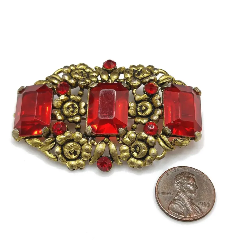 Art Nouveau Red Glass Floral Brooch, Three Red Emerald Cut Stones, 1930s Vintage